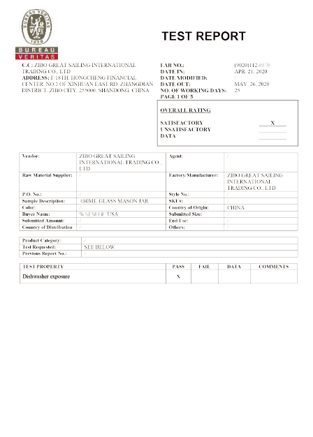 Bureau Veritas test report for glass mason jar