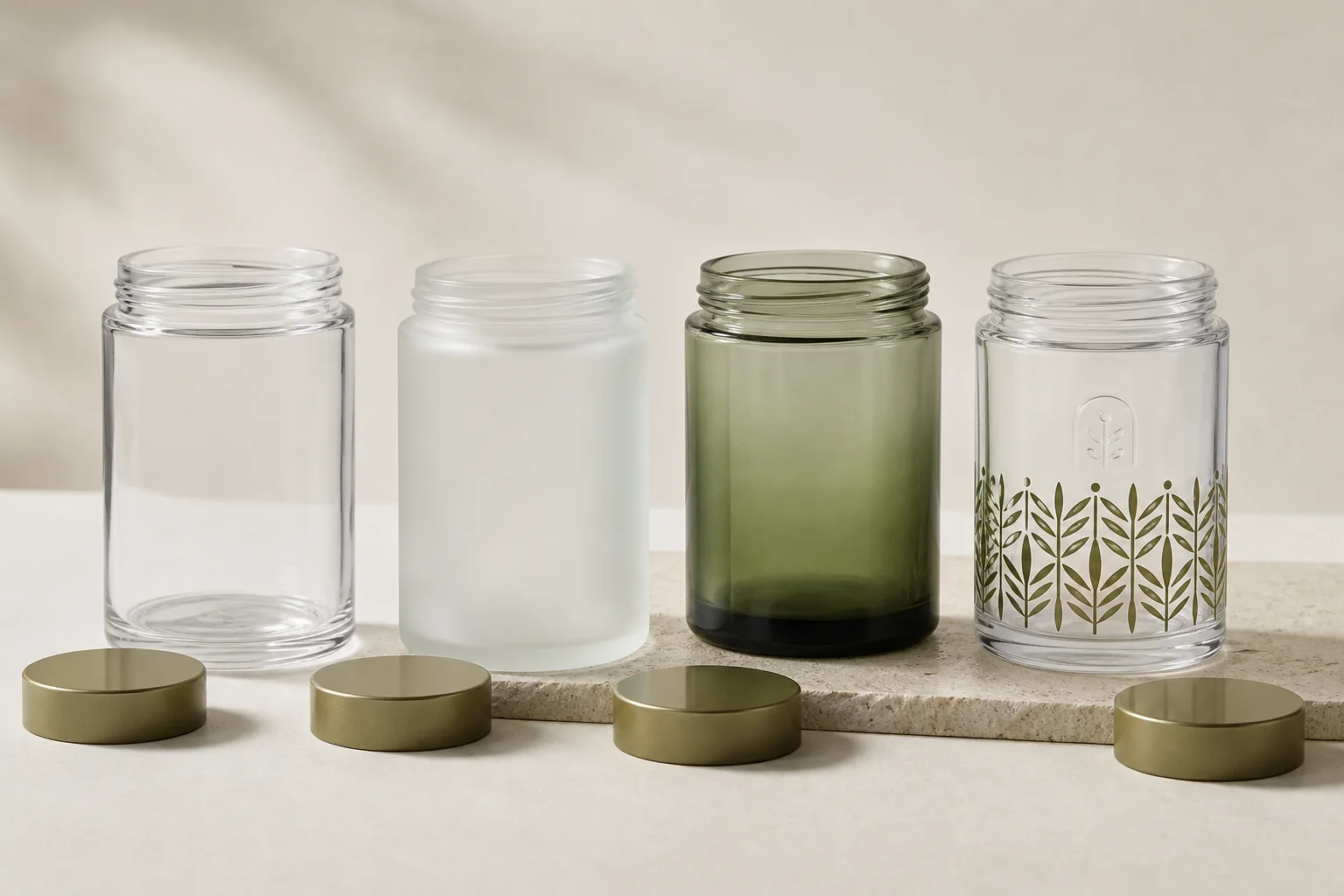 Matching glass jars demonstrating clear, frosted, bottle-green spray and one-color ceramic decoration finishes
