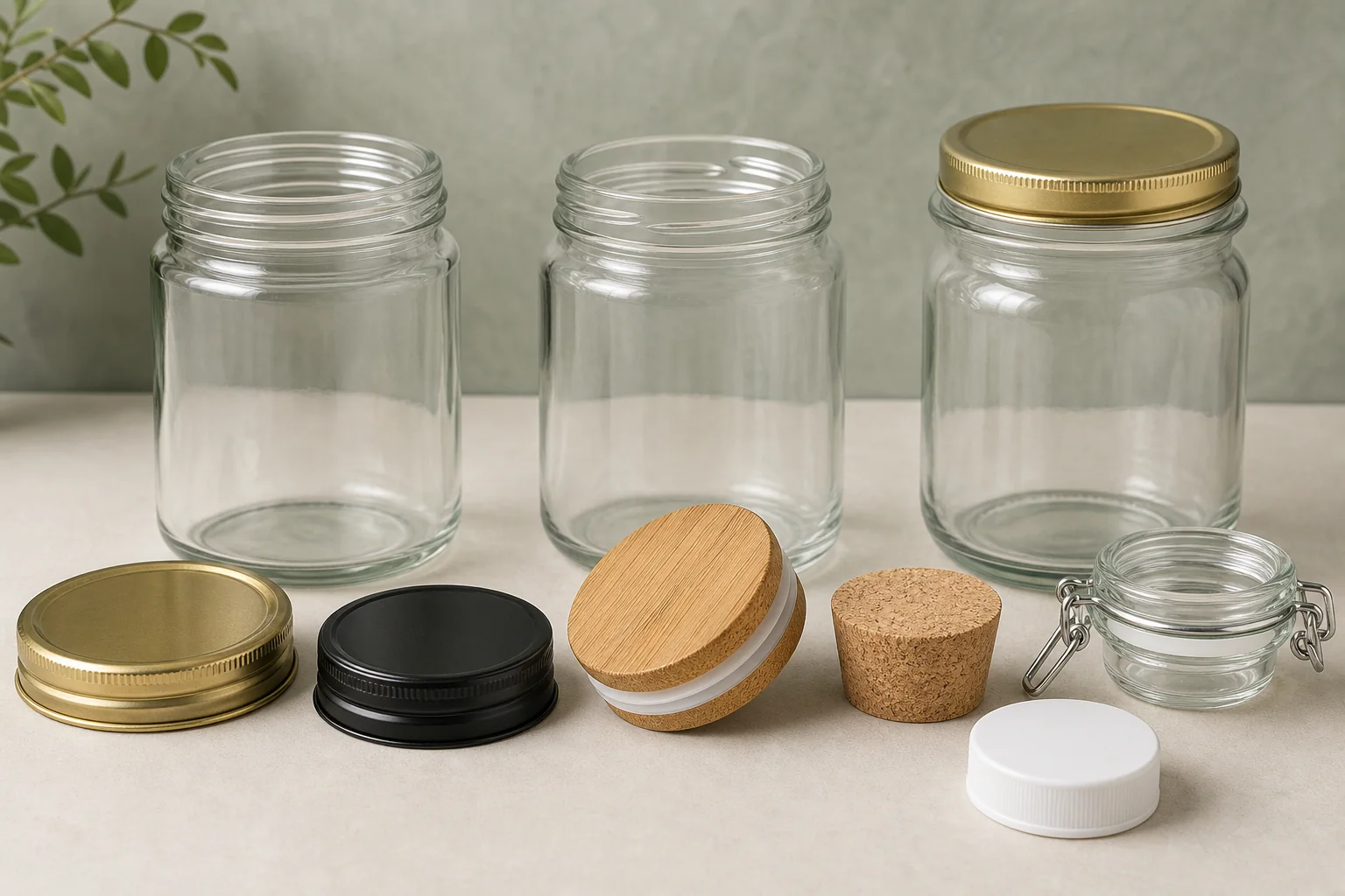 Clear glass jars with gold and black metal caps, bamboo gasket lid, cork, clamp-wire lid and plastic closure options