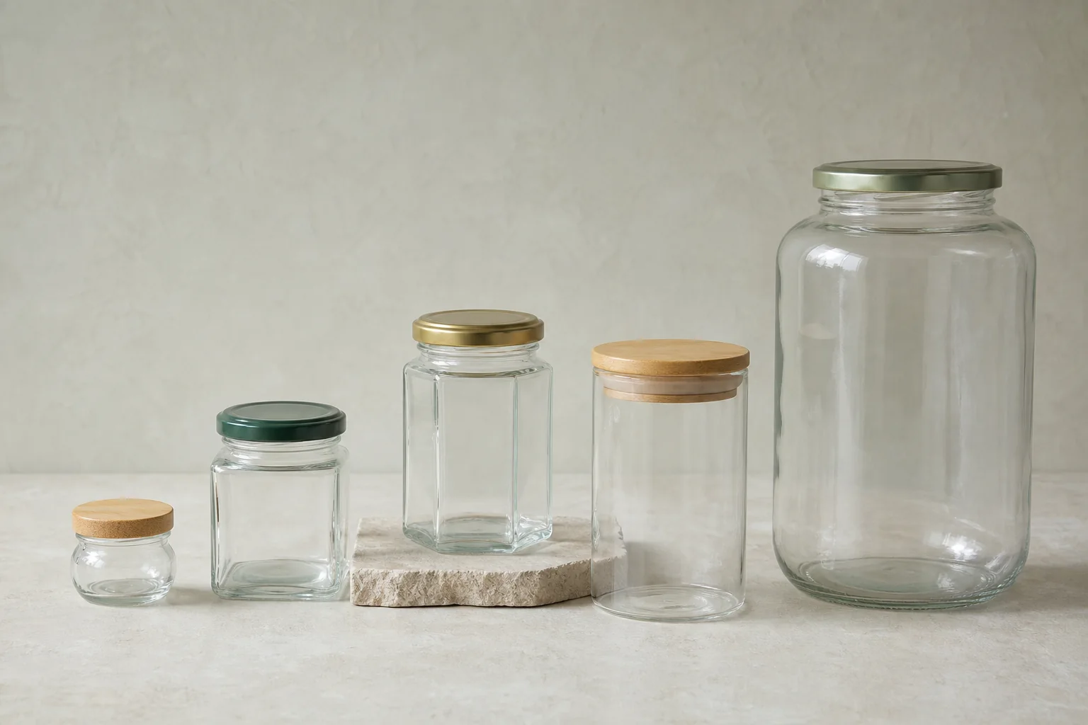 Five clear glass jars in round, square, hexagonal and straight-sided shapes illustrating 25 ml to 5 L custom capacity options