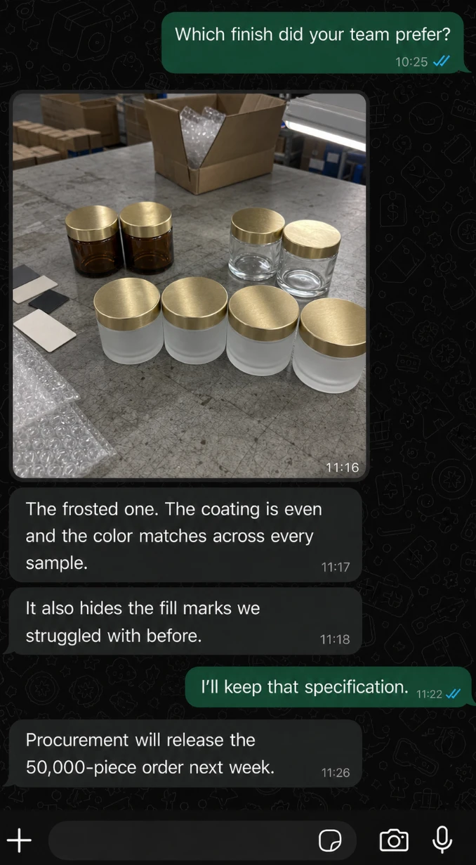 WhatsApp conversation with a buyer reviewing frosted, amber and clear jar samples with gold lids, confirming the frosted finish and a 50,000-piece order.