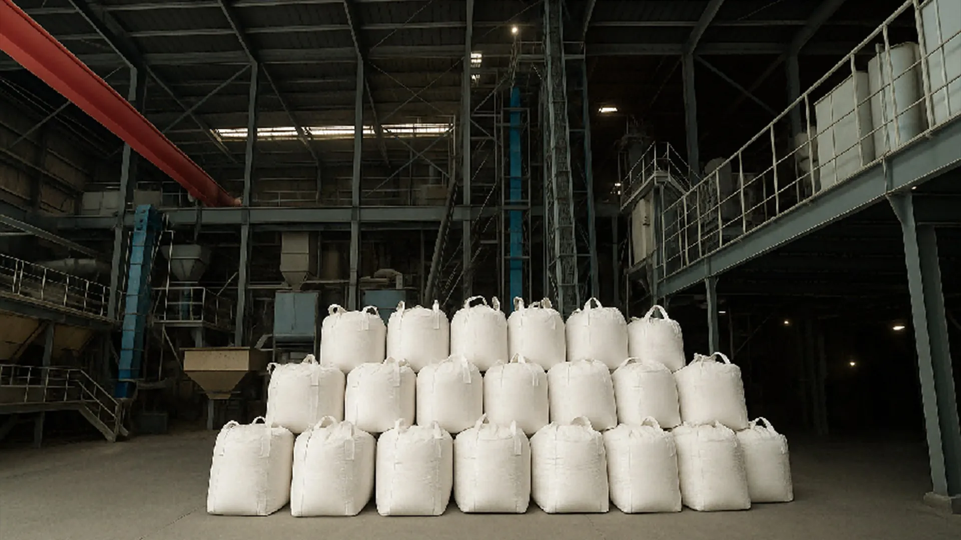 High-purity glass raw materials stored in bulk bags inside the batching facility