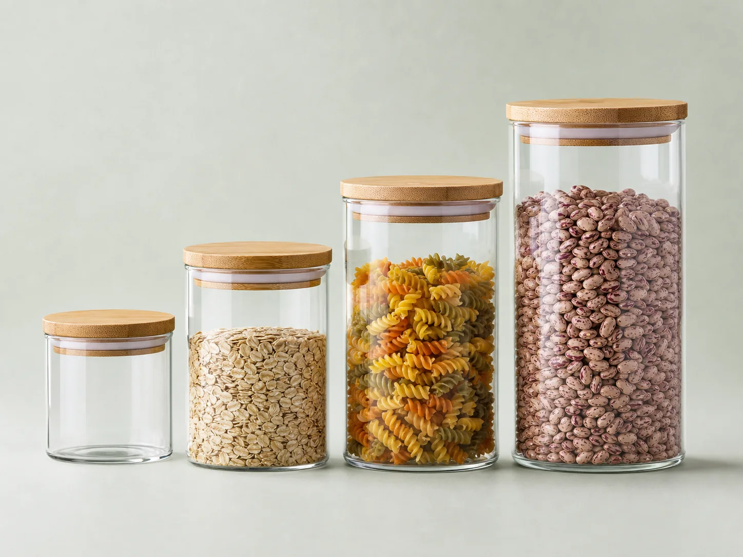Four graduated straight-sided kitchen glass jars with airtight bamboo lids