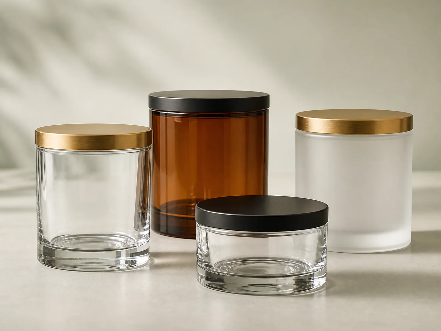 Clear, amber and frosted thick-wall glass jars with gold and black lids