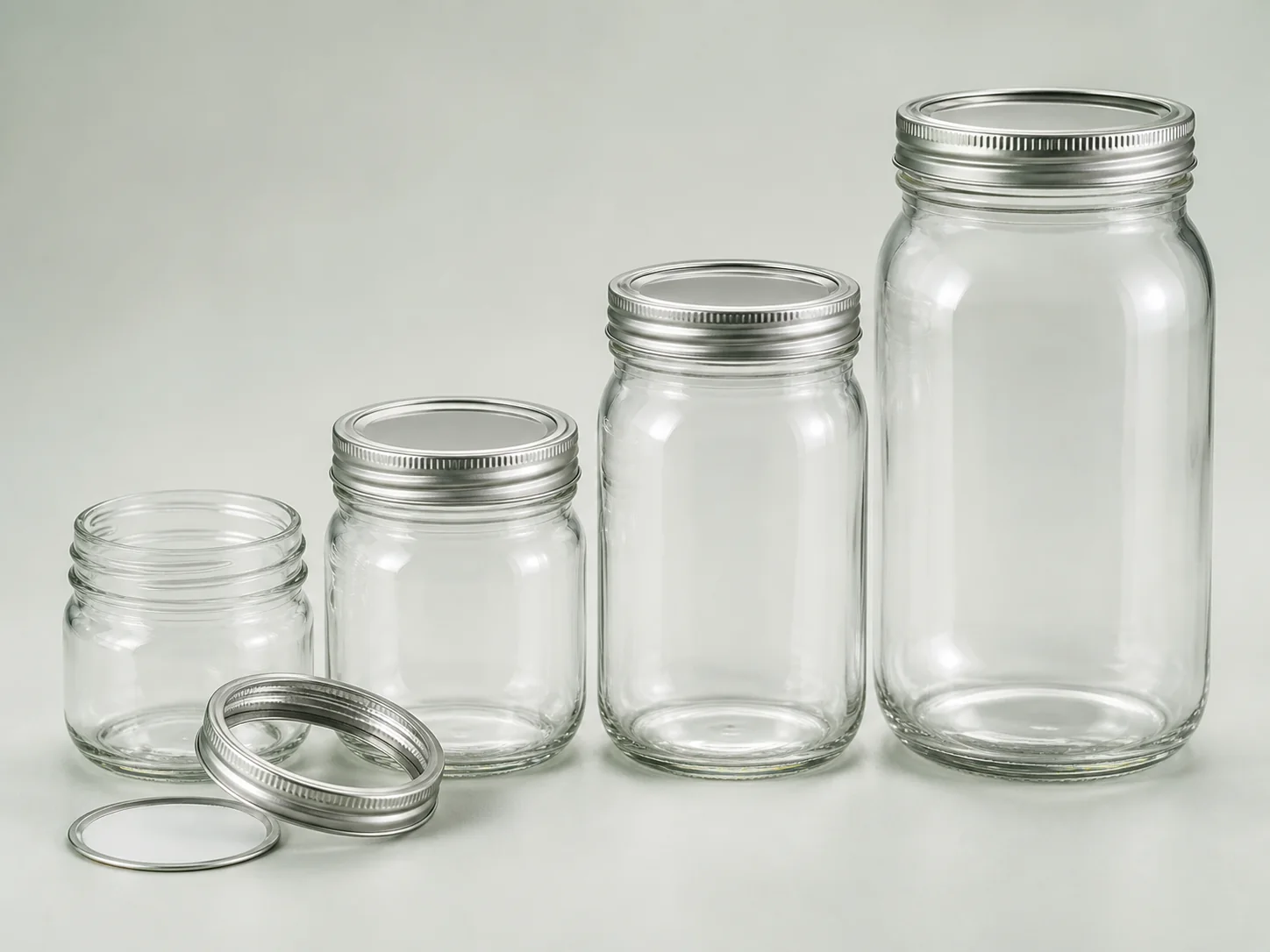 Four graduated clear mason jars with two-piece silver metal lids