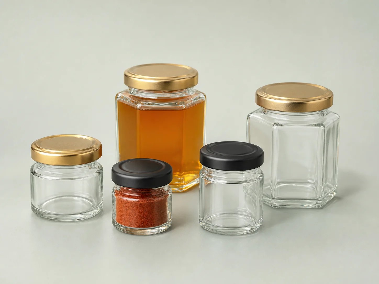 Small round and faceted glass jars for spices and honey with gold and black caps