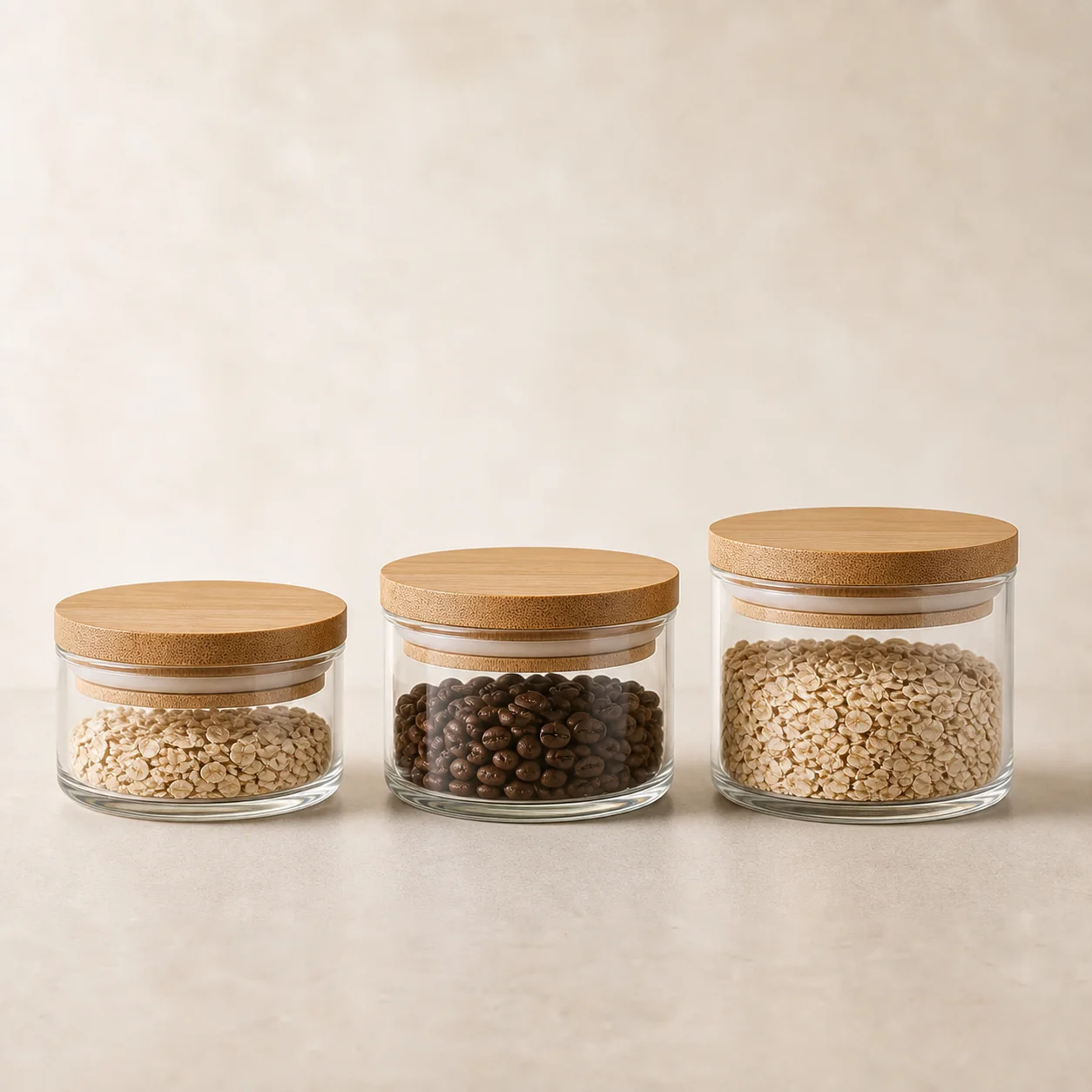 Three compact airtight glass canisters with shared bamboo lid design
