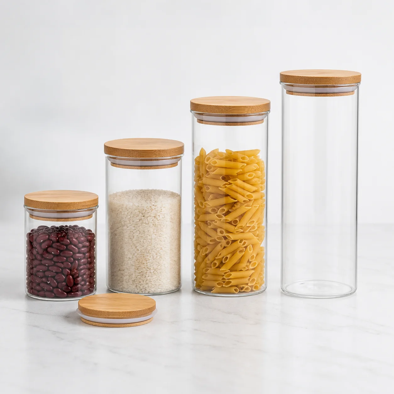 Four graduated borosilicate glass food storage jars with bamboo lids