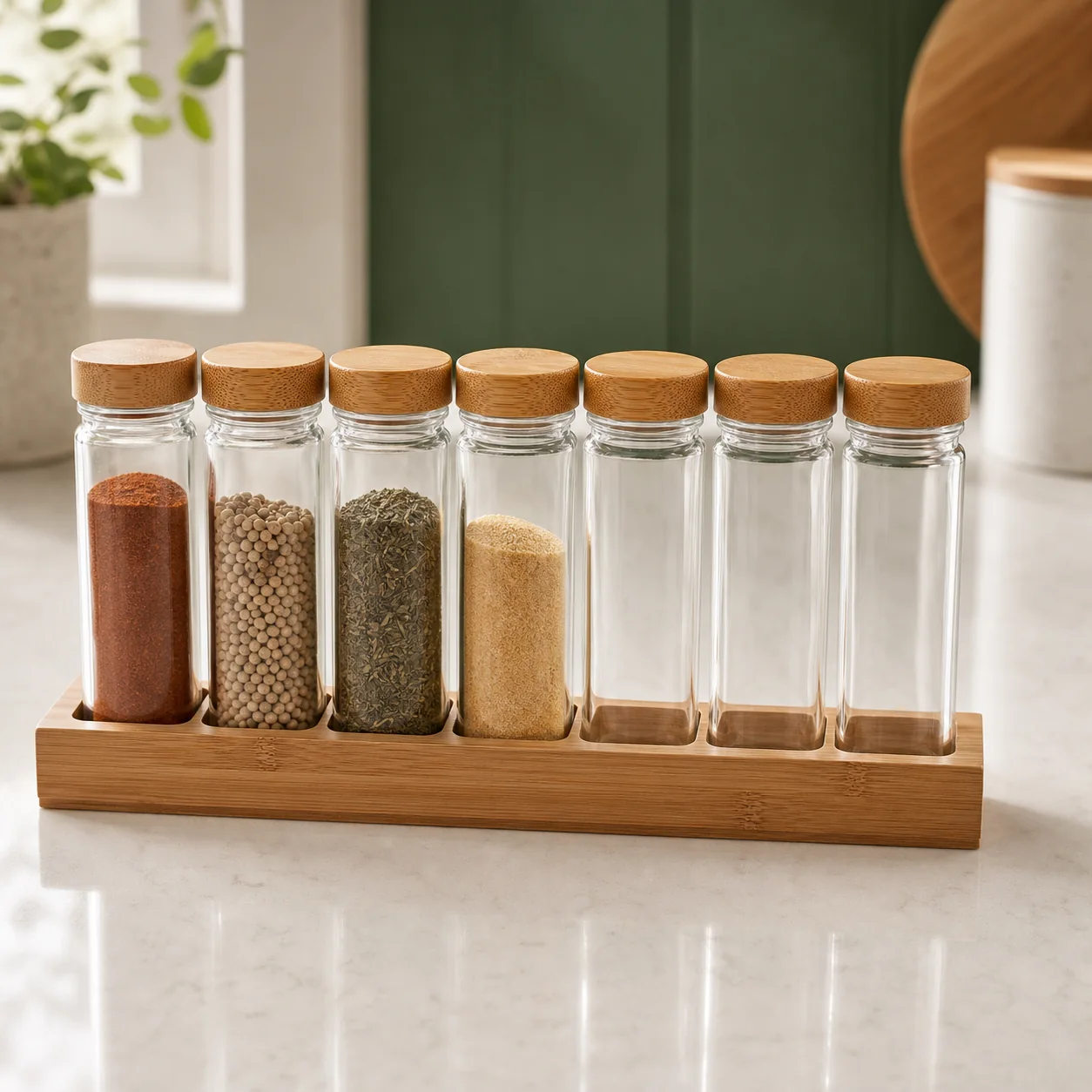 Classic slim cylindrical glass spice jar set with bamboo lids and organizer