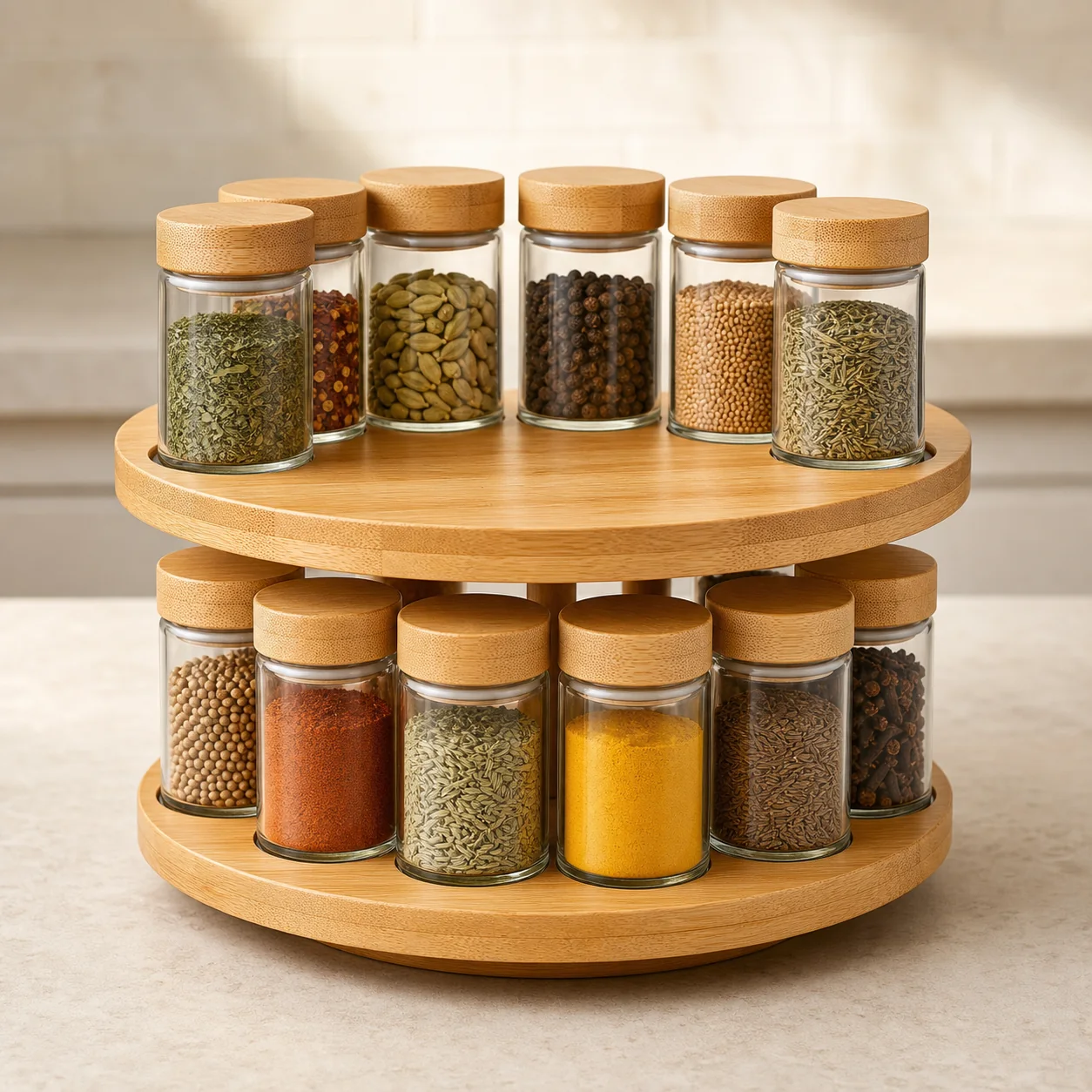 Two-tier rotating bamboo spice rack with twelve matching clear glass jars
