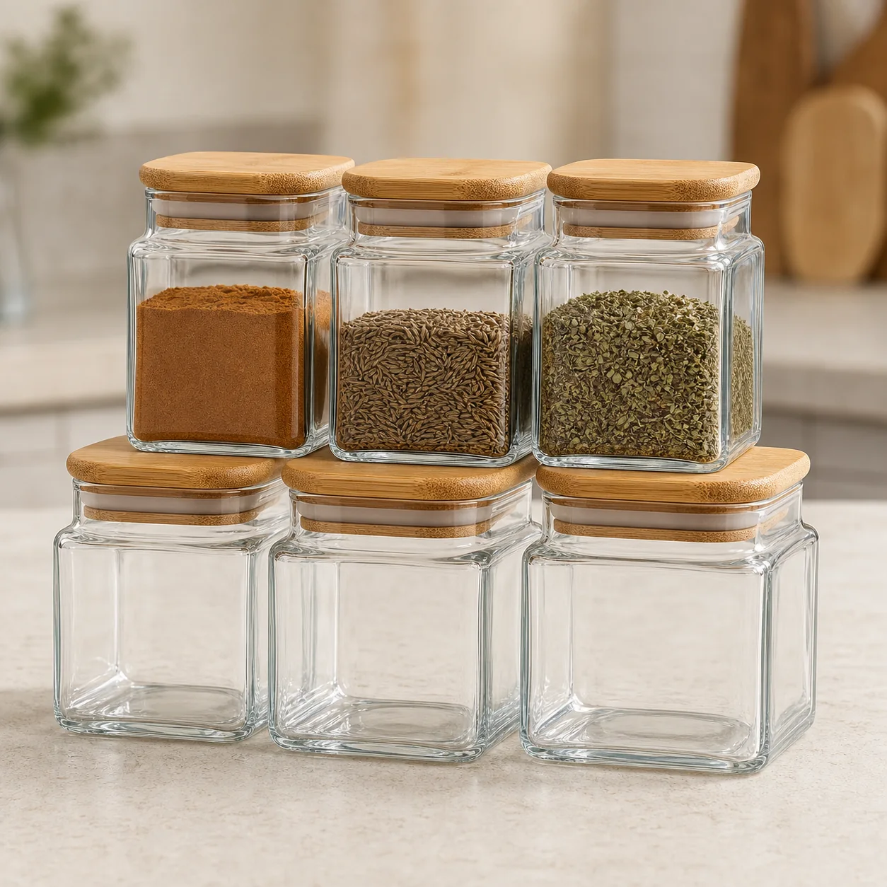 Six square clear glass spice jars with coordinated bamboo lids