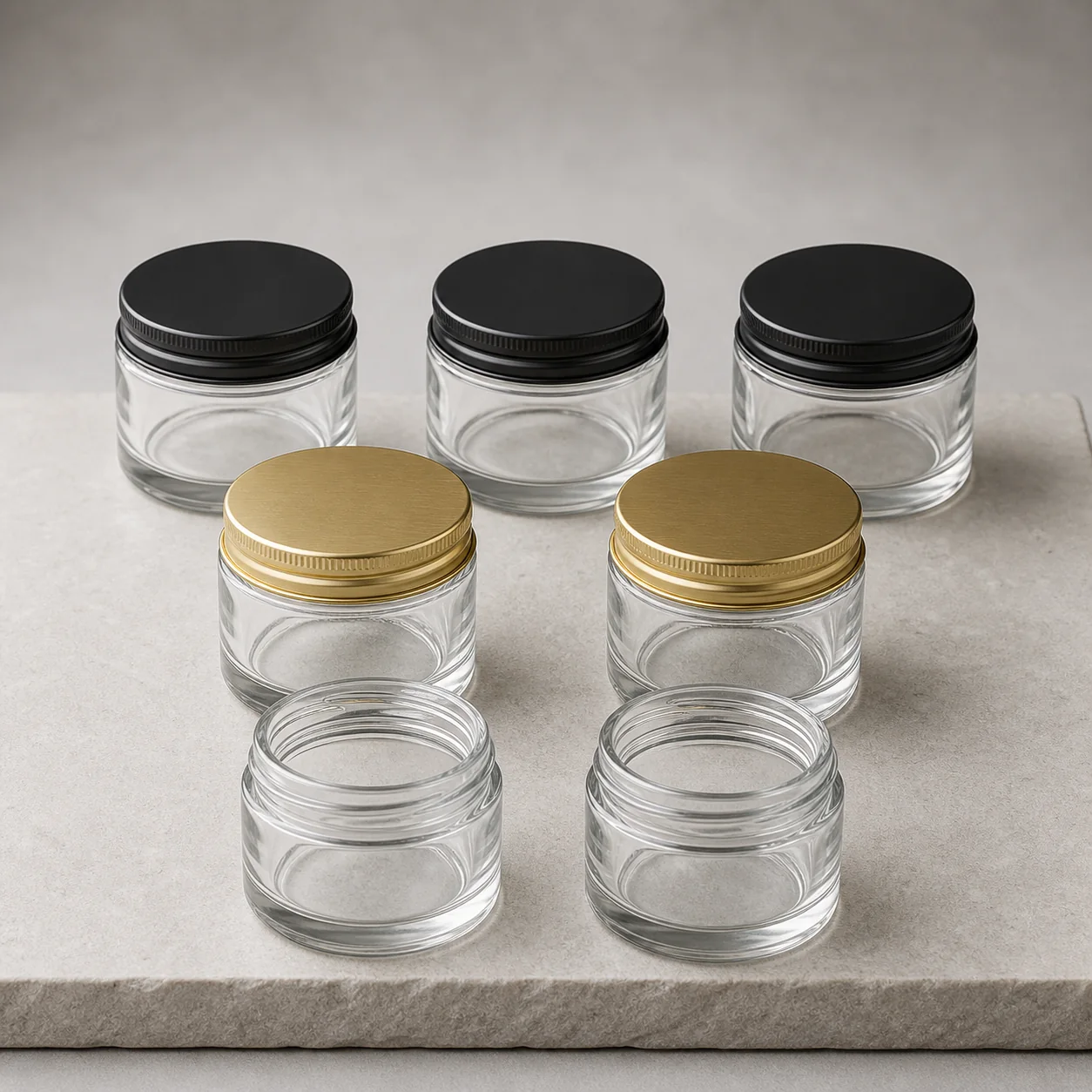 Compact clear glass storage jars with black and gold threaded metal lids